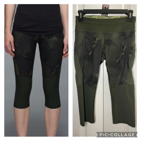 lululemon athletica Pants - Lululemon Training Tough Crop Camouflage Mesh Green Leggings Active Size 4 - EUC